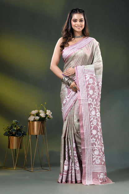 Dusty pink floral design handcrafted batik silk kantha stitch saree 1