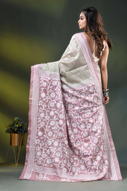 Dusty pink floral design handcrafted batik silk kantha stitch saree 5