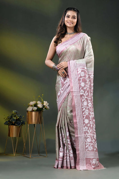 Dusty pink floral design handcrafted batik silk kantha stitch saree 6