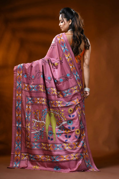 Dusty pink handmade silk kantha saree with parrot floral design 5