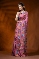 Dusty pink handmade silk kantha saree with parrot floral design 3