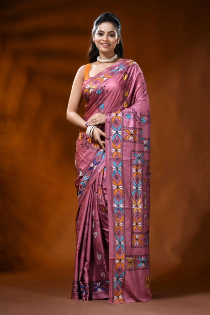Dusty pink handmade silk kantha saree with parrot floral design 1