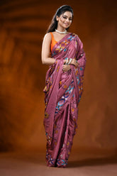 Dusty pink handmade silk kantha saree with parrot floral design 4