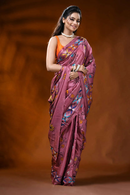 Dusty pink handmade silk kantha saree with parrot floral design 4