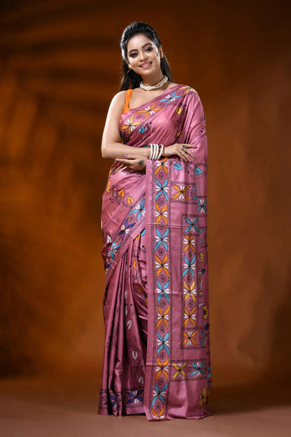 Dusty pink handmade silk kantha saree with parrot floral design 6