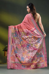 Dusty rose multi-thread floral silk kantha saree with hand wax batik 4