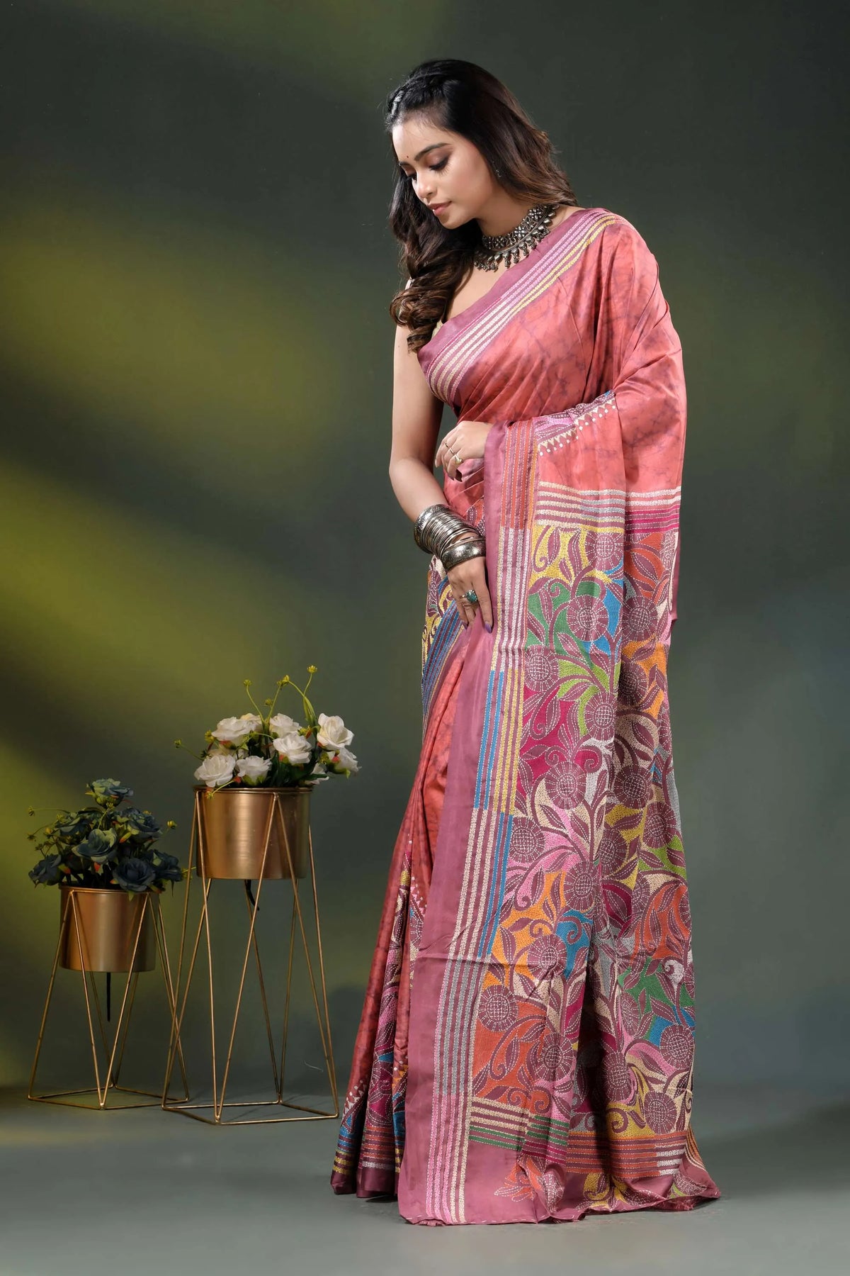 Dusty rose multi-thread floral silk kantha saree with hand wax batik 3