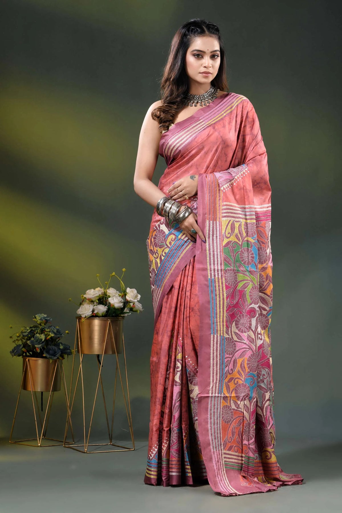 Dusty rose multi-thread floral silk kantha saree with hand wax batik 1
