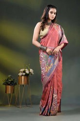 Dusty rose multi-thread floral silk kantha saree with hand wax batik 7