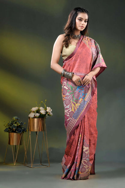 Dusty rose multi-thread floral silk kantha saree with hand wax batik 7