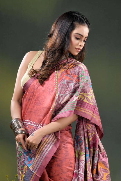 Dusty rose multi-thread floral silk kantha saree with hand wax batik 6