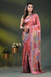 Dusty rose multi-thread floral silk kantha saree with hand wax batik 2