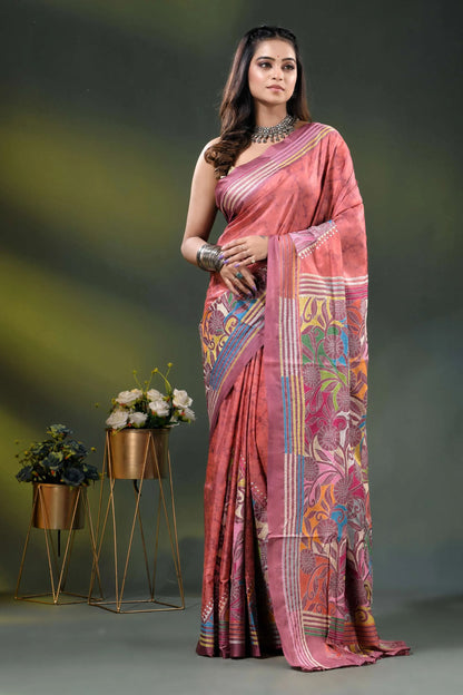 Dusty rose multi-thread floral silk kantha saree with hand wax batik 2