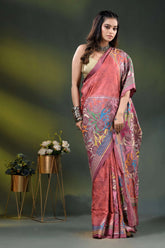 Dusty rose multi-thread floral silk kantha saree with hand wax batik 5