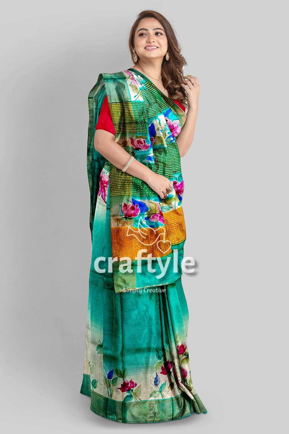 Eagle green hand painted pure tussar saree with zari detailing woman floral-patterned saree 1