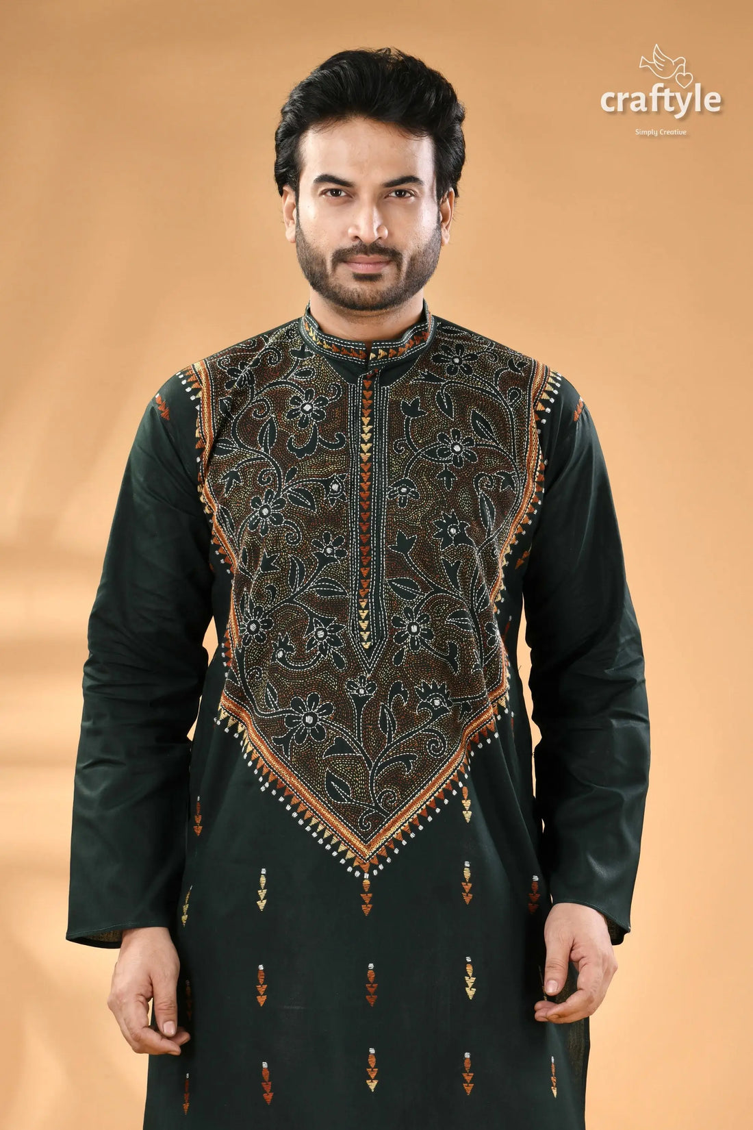 Eagle green kantha work mens cotton ethnic punjabi reverse stitch men’s dark green long sleeved kurta 2