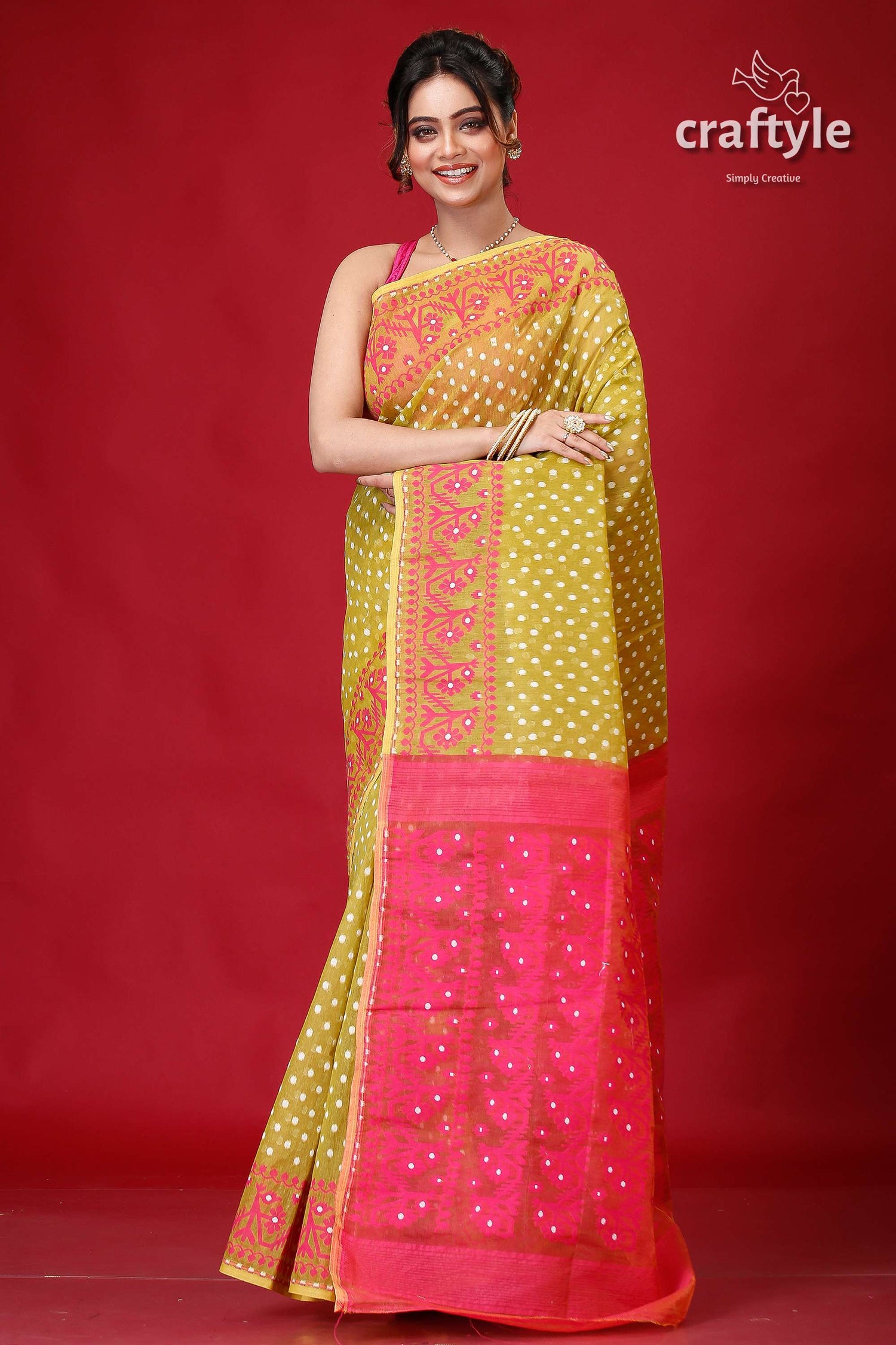 Earls Green and Magenta Jamdani Weave Saree-Craftyle