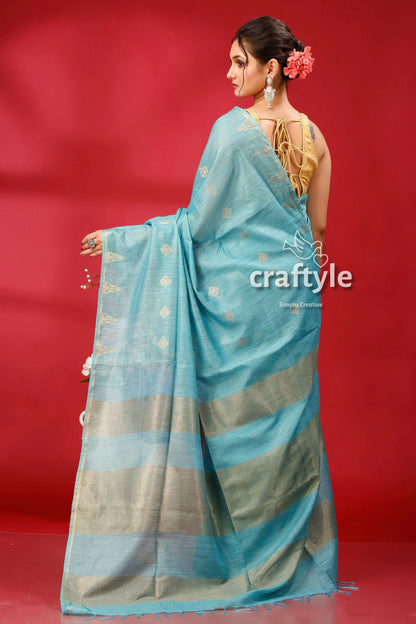 Eastern blue bhagalpuri silk saree golden zari accent light blue saree gold stripes 5