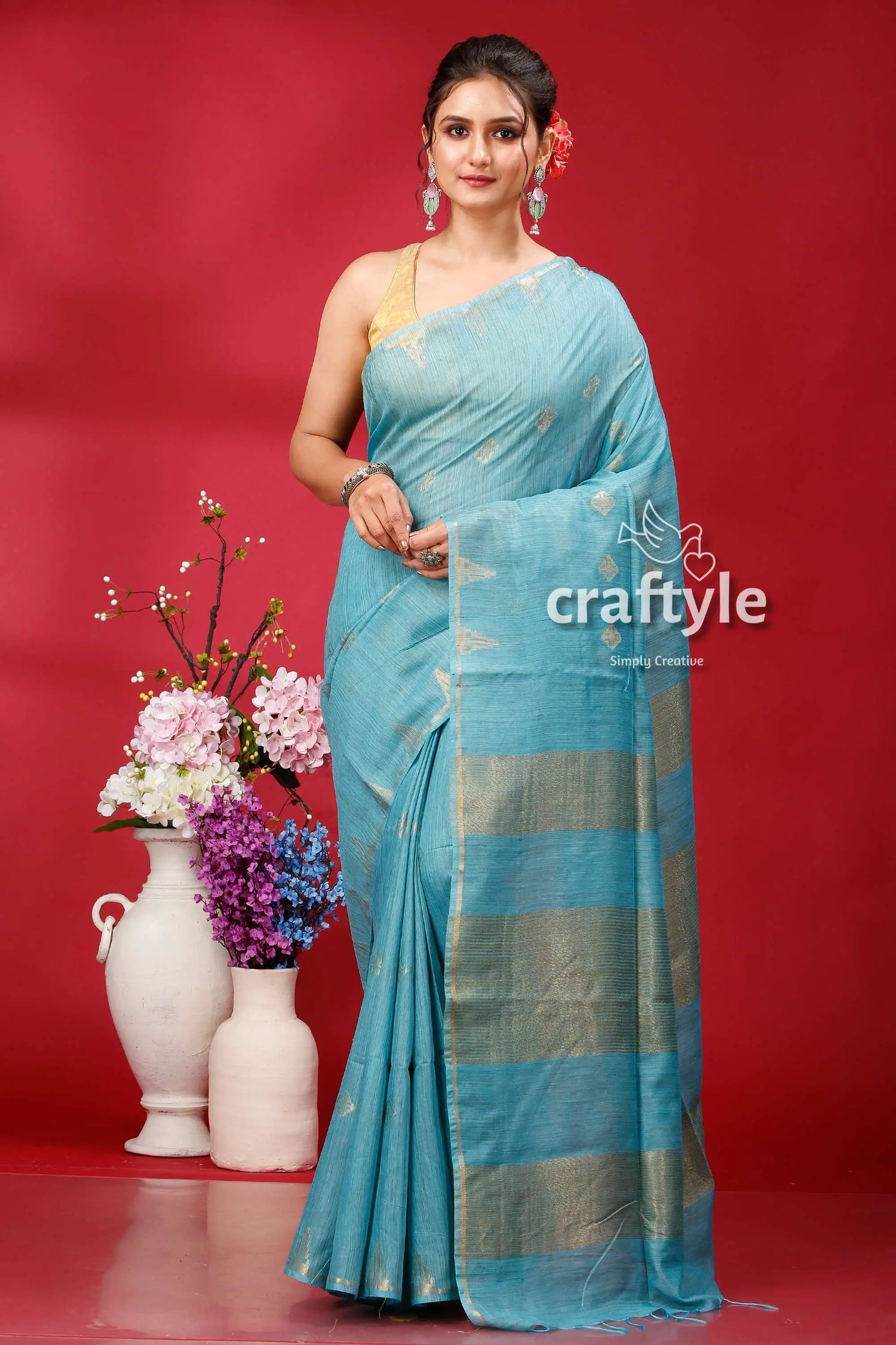 Eastern blue bhagalpuri silk saree golden zari accent light blue saree gold accents 1