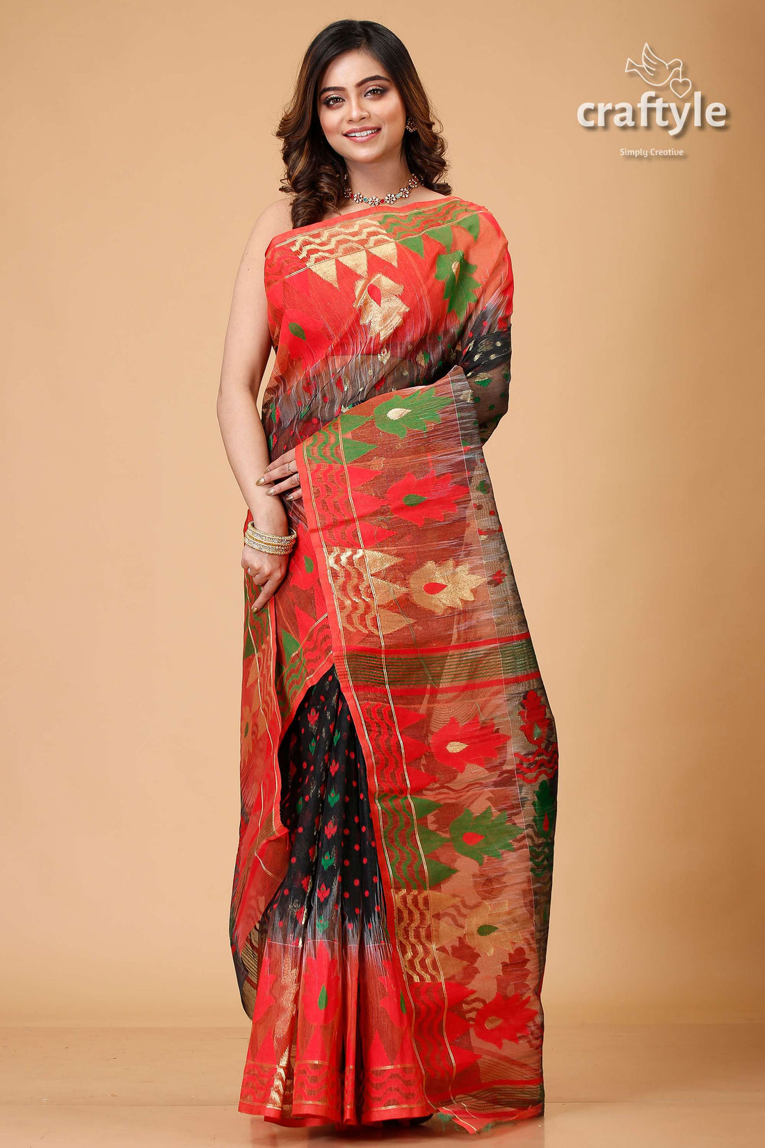 Ebony Black and Red Floral Jamdani Saree-Craftyle