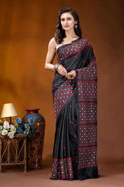 Ebony black ethnic motif silk gujrati stitch saree - hand embroidered black silk saree intricate red 7