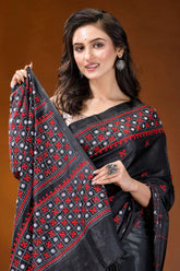 Ebony black ethnic motif silk gujrati stitch saree - hand embroidered black silk saree intricate red 2
