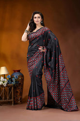 Ebony black ethnic motif silk gujrati stitch saree - hand embroidered black silk saree intricate red 4