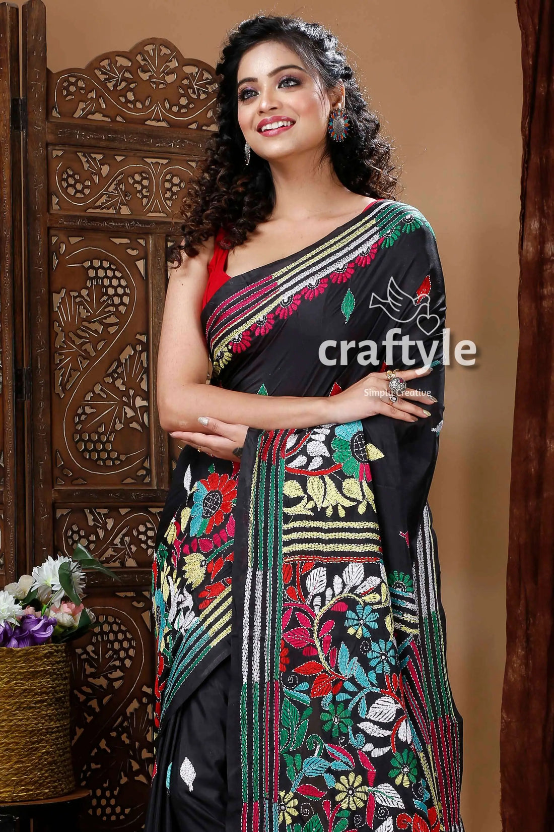 Ebony black exquisite silk kantha embroidery saree black saree colorful floral embroidery 2