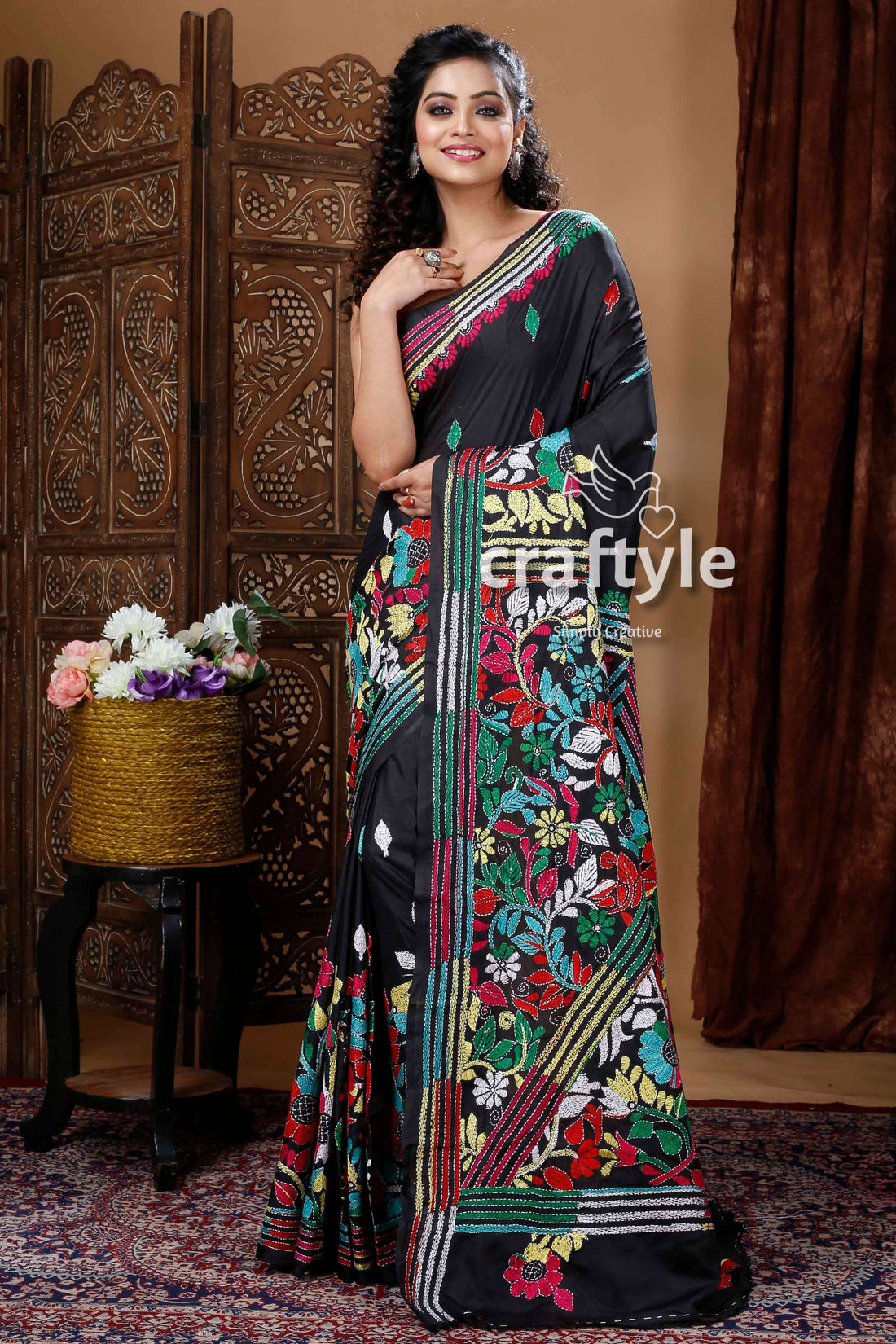 Ebony Black Exquisite Silk Kantha Embroidery Saree-Craftyle