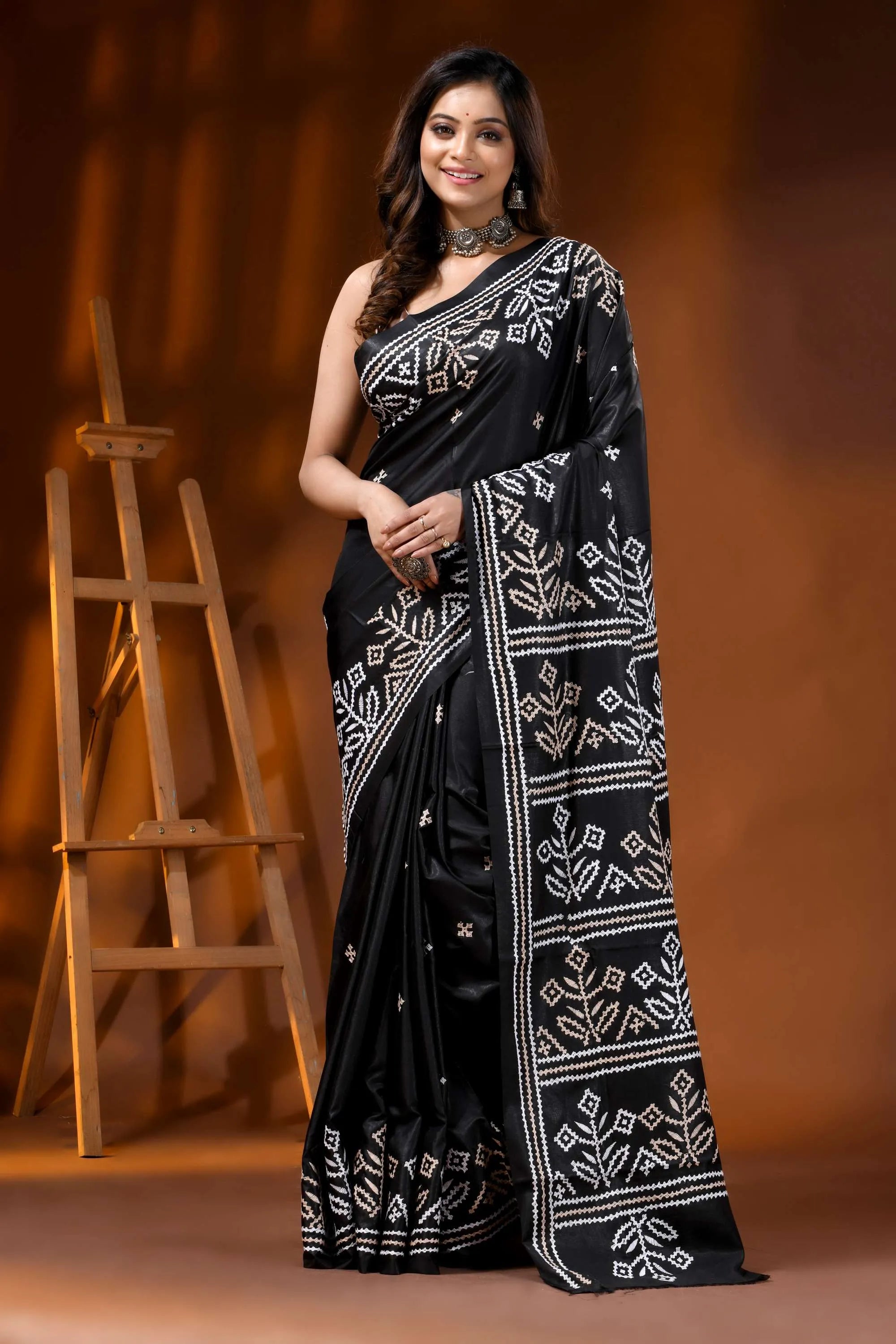 Ebony black floral hand embroidered silk gujarati stitch saree 6