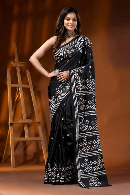 Ebony black floral hand embroidered silk gujarati stitch saree 1