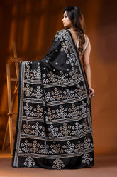 Ebony black floral hand embroidered silk gujarati stitch saree 5