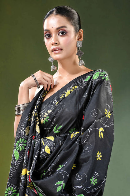 Ebony black floral hand embroidered silk kantha saree intricate green yellow 2