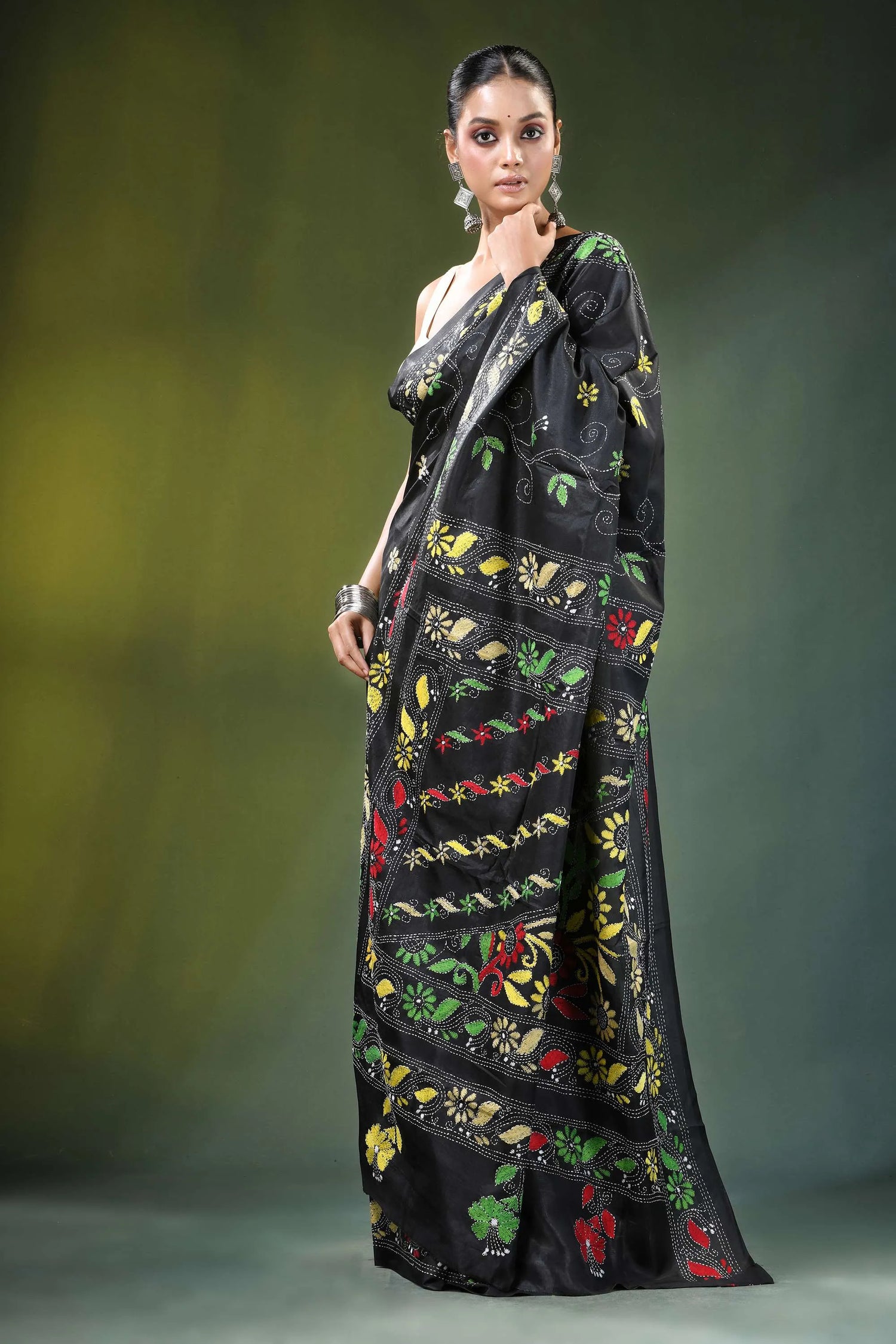 Ebony black floral hand embroidered silk kantha saree vibrant 4