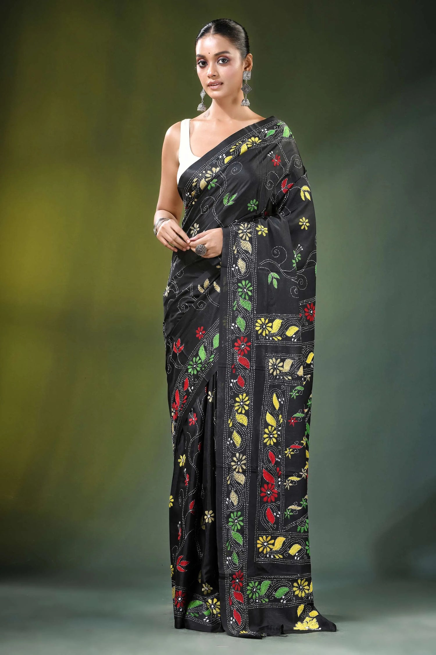 Ebony black floral hand embroidered silk kantha saree vibrant embroidery 6
