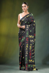 Ebony black floral hand embroidered silk kantha saree vibrant embroidery 6