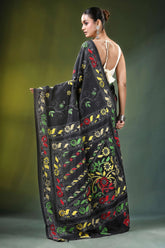 Ebony black floral hand embroidered silk kantha saree vibrant red yellow 5