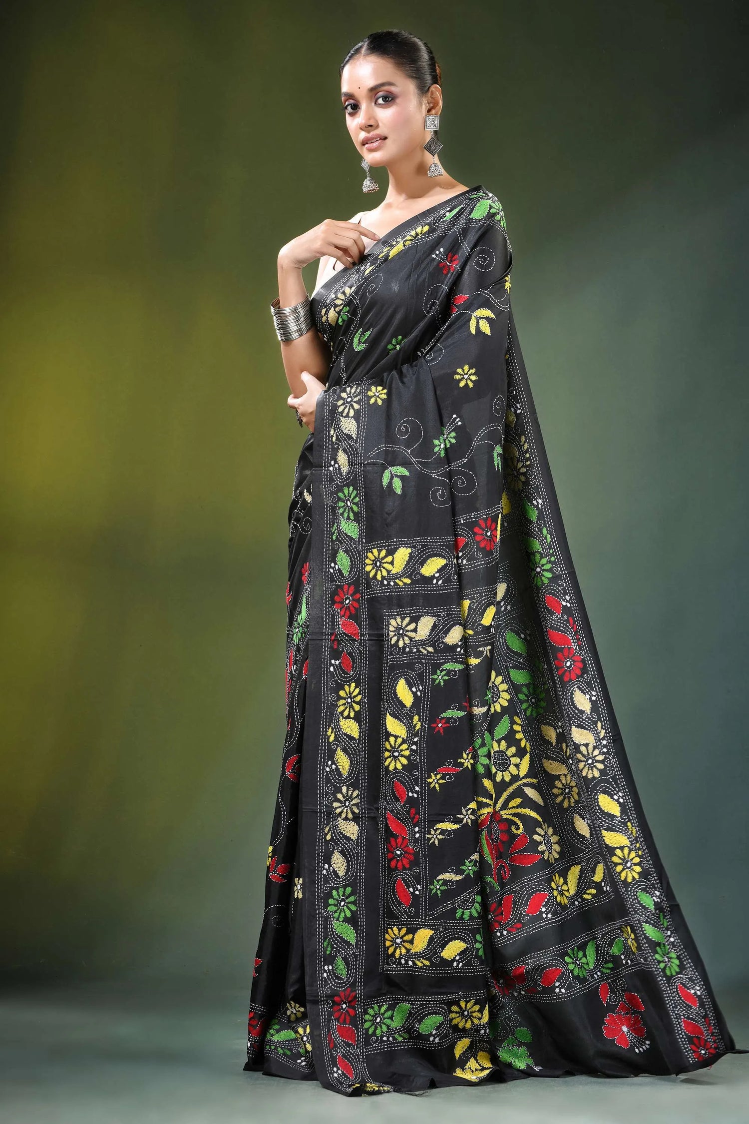 Ebony black floral hand embroidered silk kantha saree adorned vibrant 3
