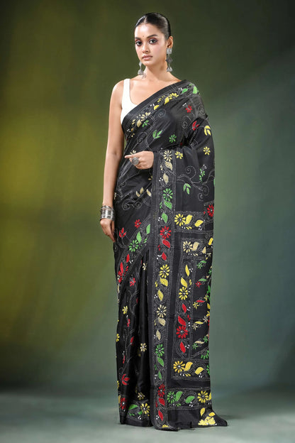 Ebony black floral hand embroidered silk kantha saree adorned vibrant 1