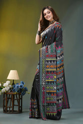 Ebony black geometric hand embroidered silk kantha saree black saree vibrant multicolored geometric 3