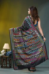 Ebony black geometric hand embroidered silk kantha saree black saree vibrant multicolored geometric 5