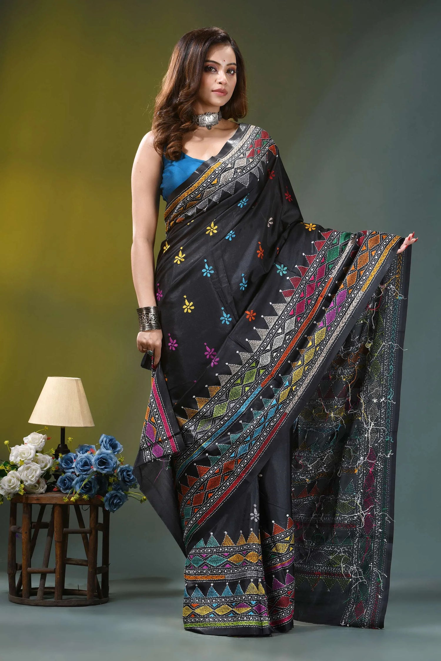 Ebony black geometric hand embroidered silk kantha saree black silk saree intricate multicolored 4