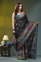 Ebony black geometric hand embroidered silk kantha saree black silk saree intricate multicolored 4