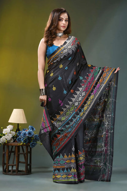 Ebony black geometric hand embroidered silk kantha saree black silk saree intricate multicolored 4