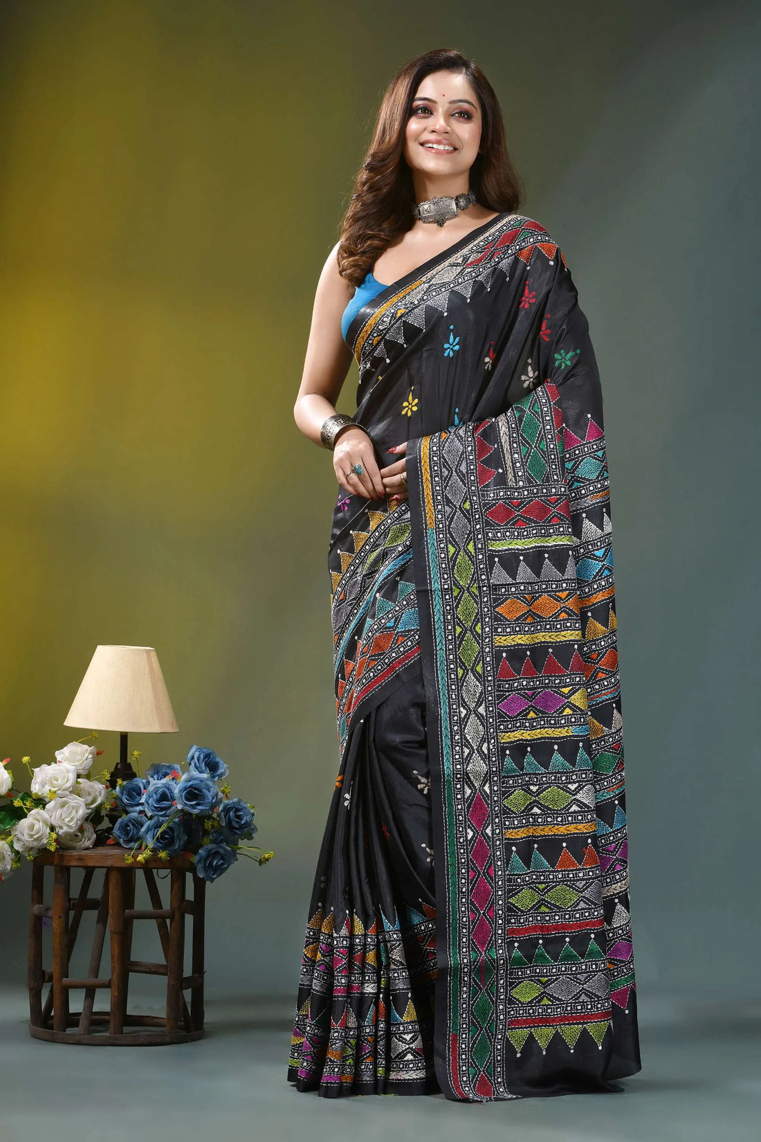 Ebony black geometric hand embroidered silk kantha saree black silk saree vibrant multicolored 1