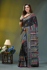 Ebony black geometric hand embroidered silk kantha saree black silk saree vibrant multicolored 6