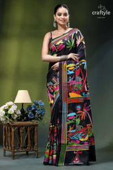 Ebony black hand embroidery kantha silk saree - nature theme black silk saree vibrant colorful 1
