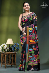 Ebony black hand embroidery kantha silk saree - nature theme black silk saree vibrant colorful 6