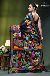 Ebony black hand embroidery kantha silk saree - nature theme black silk saree vibrant colorful 5
