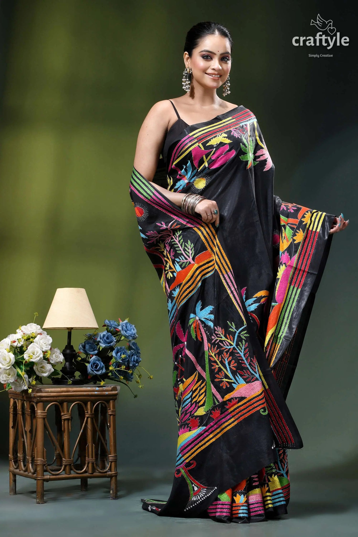 Ebony black hand embroidery kantha silk saree - nature theme black silk saree vibrant colorful 4